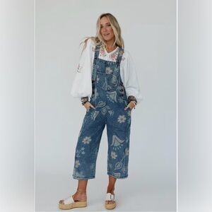 Easel Blue Floral Denim Overalls